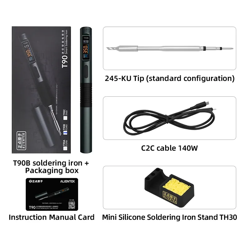ALIENTEK T90 Fer à souder intelligent PD 3.1 140 W, écran numérique portable, 80 à 450 °C, kit de réparation de précision pour circuits imprimés 10
