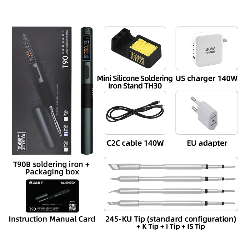 ALIENTEK T90 Fer à souder intelligent PD 3.1 140 W, écran numérique portable, 80 à 450 °C, kit de réparation de précision pour circuits imprimés 12