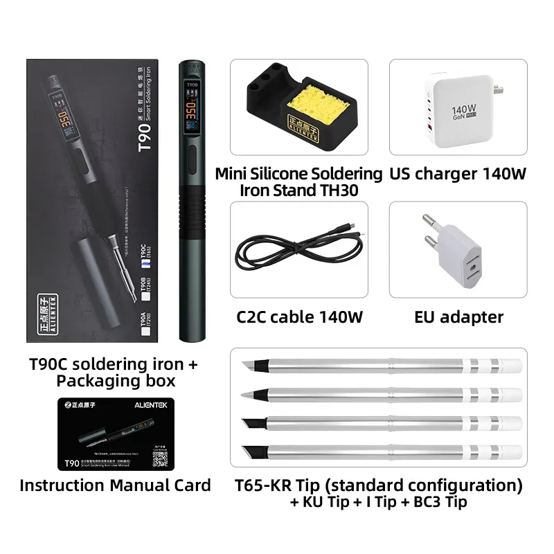 ALIENTEK T90 Fer à souder intelligent PD 3.1 140 W, écran numérique portable, 80 à 450 °C, kit de réparation de précision pour circuits imprimés 15