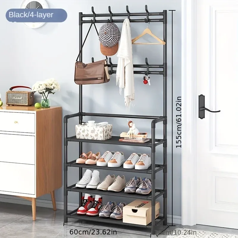 Porte-manteau et range-chaussures en métal à 4/5 niveaux avec 8 crochets, pour salon, chambre, bureau 6