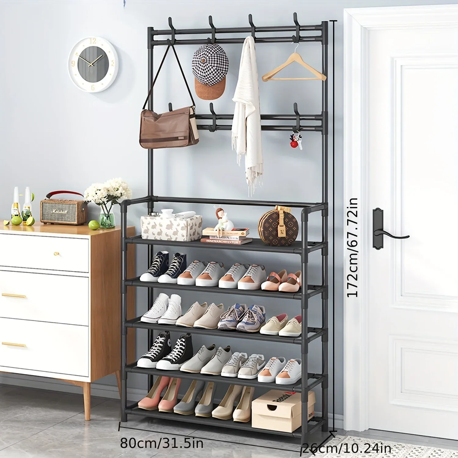 Porte-manteau et range-chaussures en métal à 4/5 niveaux avec 8 crochets, pour salon, chambre, bureau 8