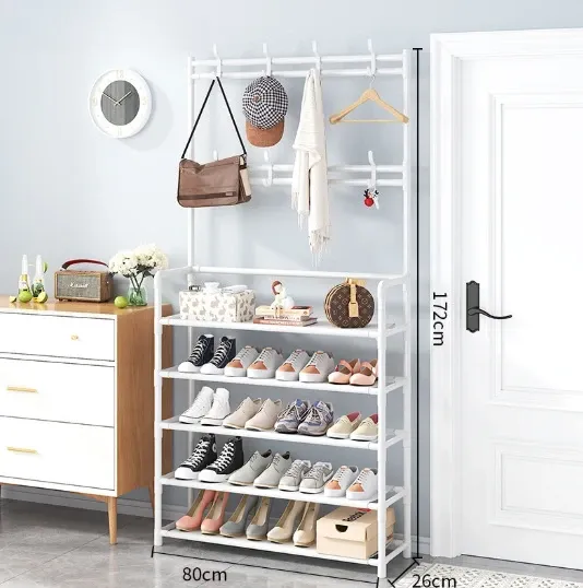 Porte-manteau et range-chaussures en métal à 4/5 niveaux avec 8 crochets, pour salon, chambre, bureau 9