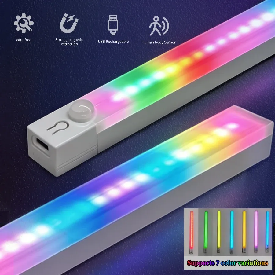 Veilleuse LED rechargeable à détecteur de mouvement magnétique, éclairage RVB dégradé pour armoire et cuisine