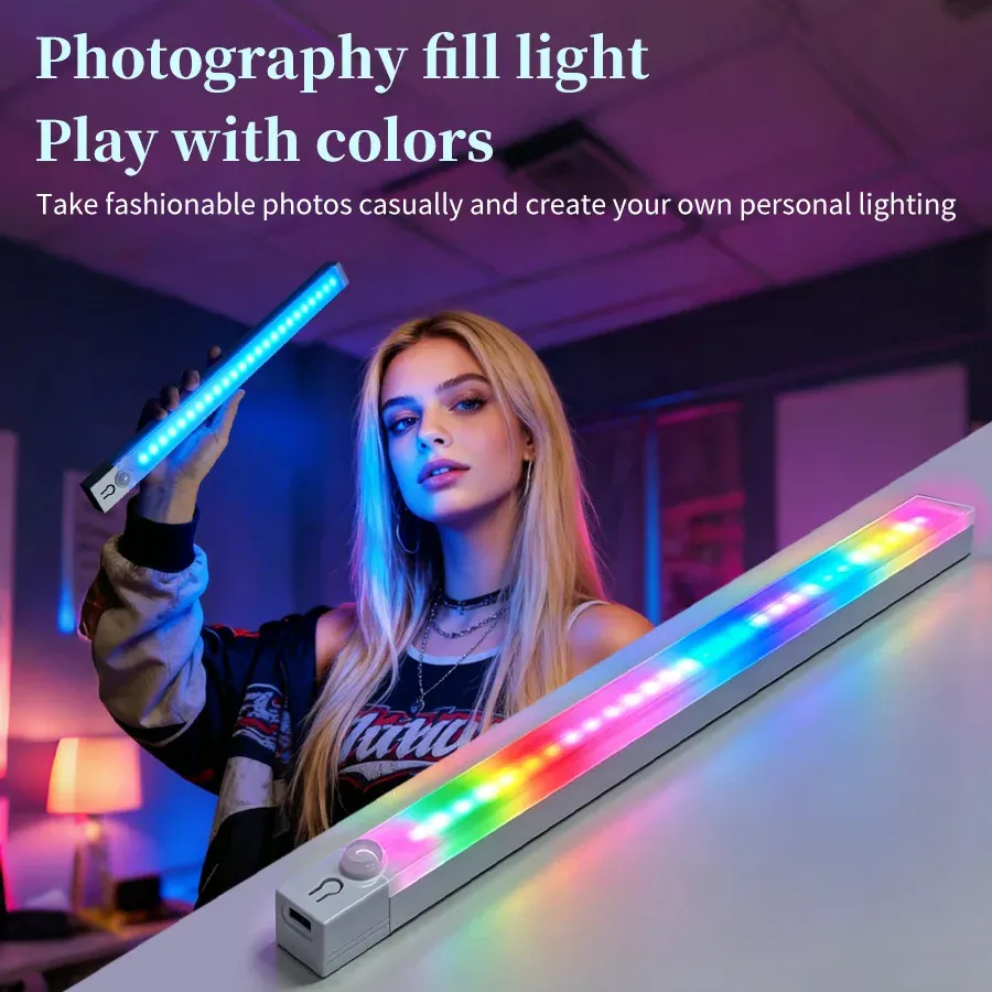Veilleuse LED rechargeable à détecteur de mouvement magnétique, éclairage RVB dégradé pour armoire et cuisine 4