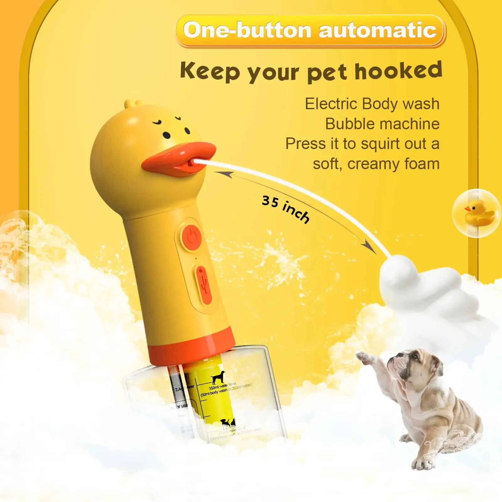 Distributeur de savon moussant électrique pour canard jaune, distributeur automatique de savon à main, pour chat et chien, accessoires de bain pour animaux de compagnie 2