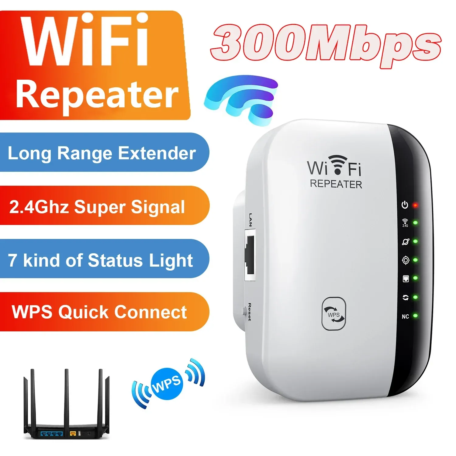 Répéteur WiFi sans fil 300 Mbps, amplificateur de signal 802.11N avec WPS, longue portée, 7 voyants lumineux