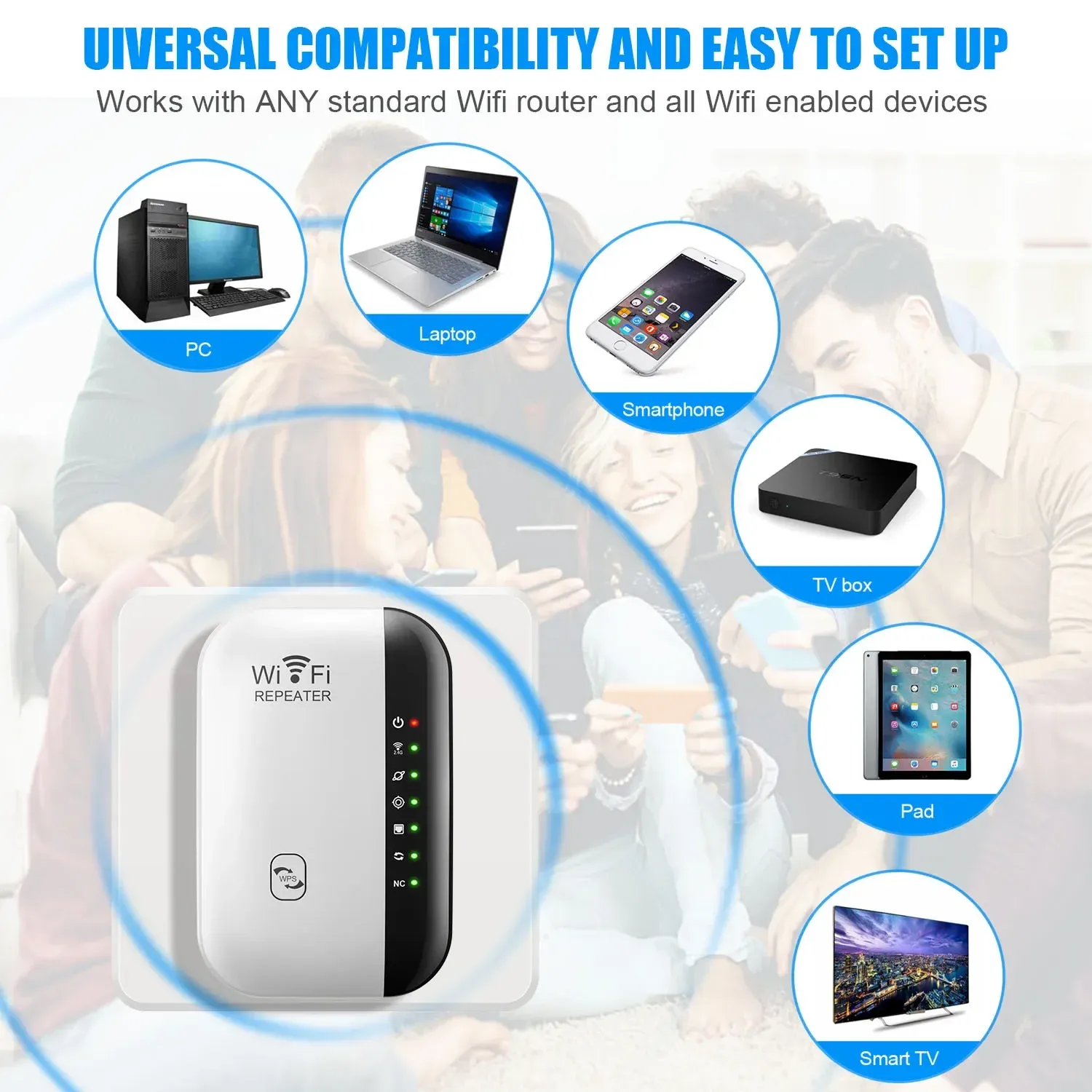 Répéteur WiFi sans fil 300 Mbps, amplificateur de signal 802.11N avec WPS, longue portée, 7 voyants lumineux 5