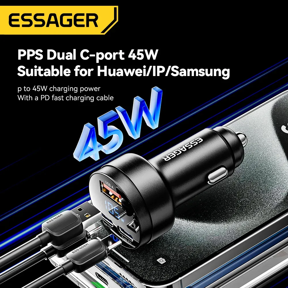 Chargeur de voiture USB-C 105 W Essager, charge rapide PD 3.0, QC 4.0, SCP, PPS, compatible iPhone 15, 14, 13, Samsung, Xiaomi 3