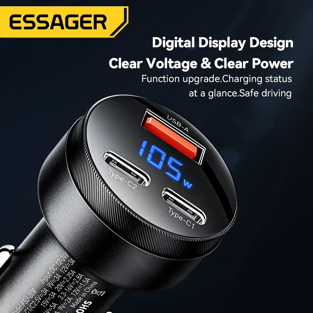 Chargeur de voiture USB-C 105 W Essager, charge rapide PD 3.0, QC 4.0, SCP, PPS, compatible iPhone 15, 14, 13, Samsung, Xiaomi 4