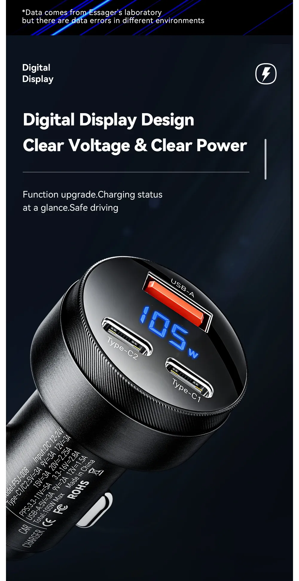 Chargeur de voiture Essager affichage numérique