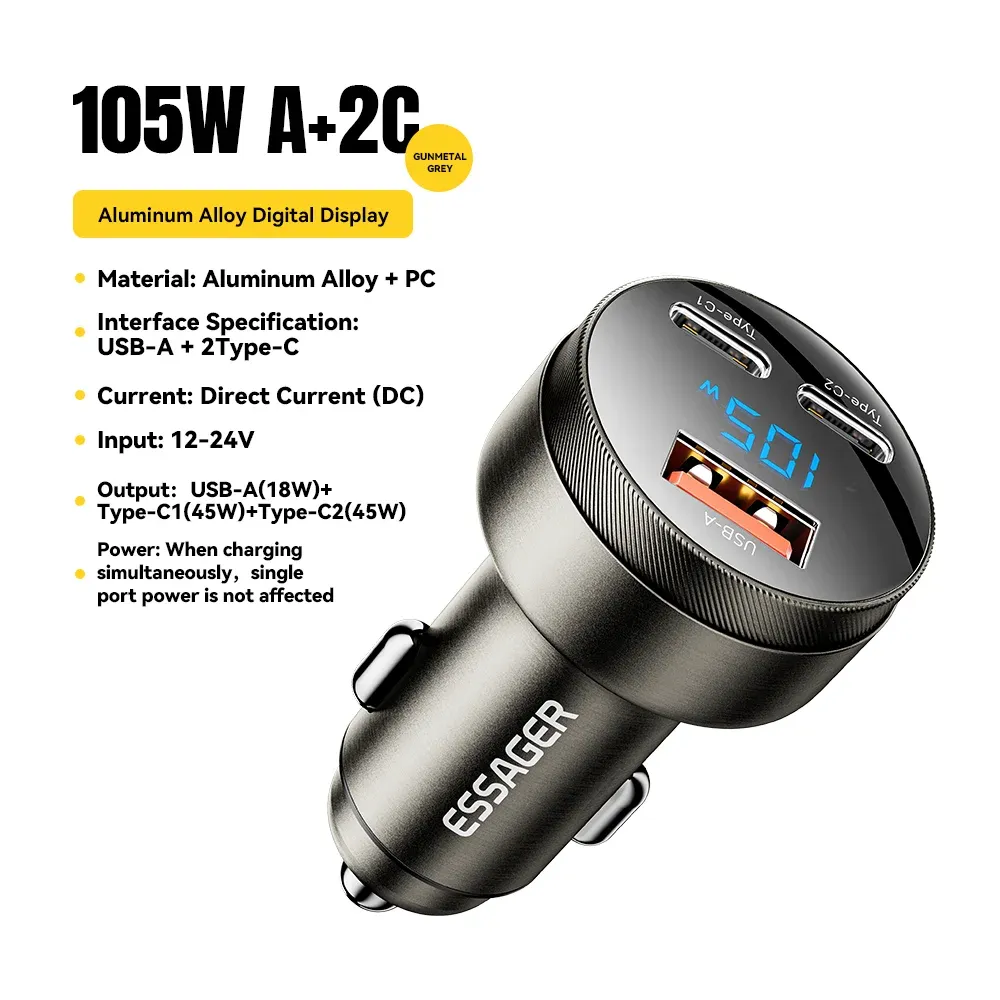 Chargeur de voiture USB-C 105 W Essager, charge rapide PD 3.0, QC 4.0, SCP, PPS, compatible iPhone 15, 14, 13, Samsung, Xiaomi 7
