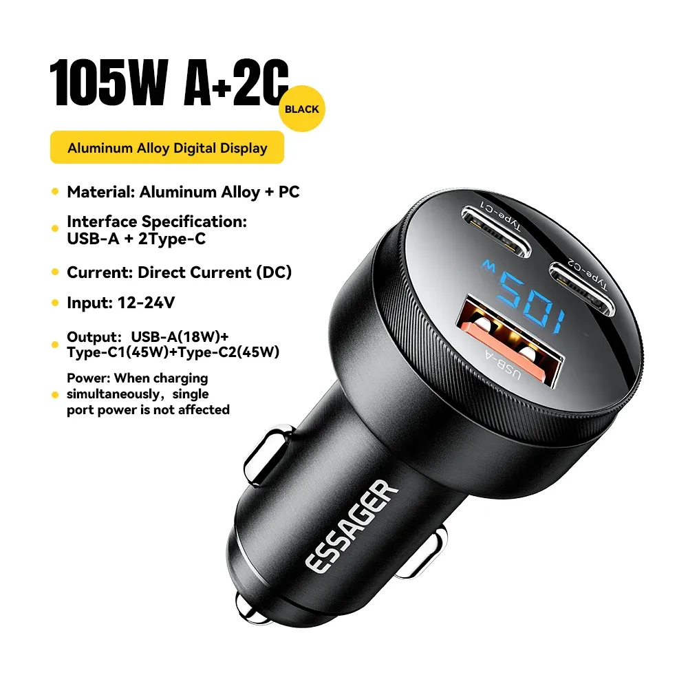 Chargeur de voiture USB-C 105 W Essager, charge rapide PD 3.0, QC 4.0, SCP, PPS, compatible iPhone 15, 14, 13, Samsung, Xiaomi 8
