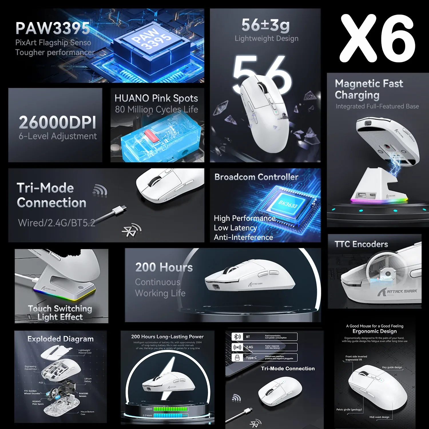 Attack Shark X11 X6 X3 R1 Souris Gaming Sans Fil, RGB, Ergonomique, Ultra-Légère, Tri-Mode, Macro, PAW3395/PAW3311, 26000 DPI 3