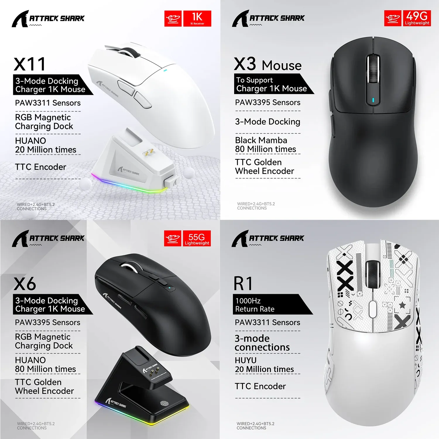 Attack Shark X11 X6 X3 R1 Souris Gaming Sans Fil, RGB, Ergonomique, Ultra-Légère, Tri-Mode, Macro, PAW3395/PAW3311, 26000 DPI
