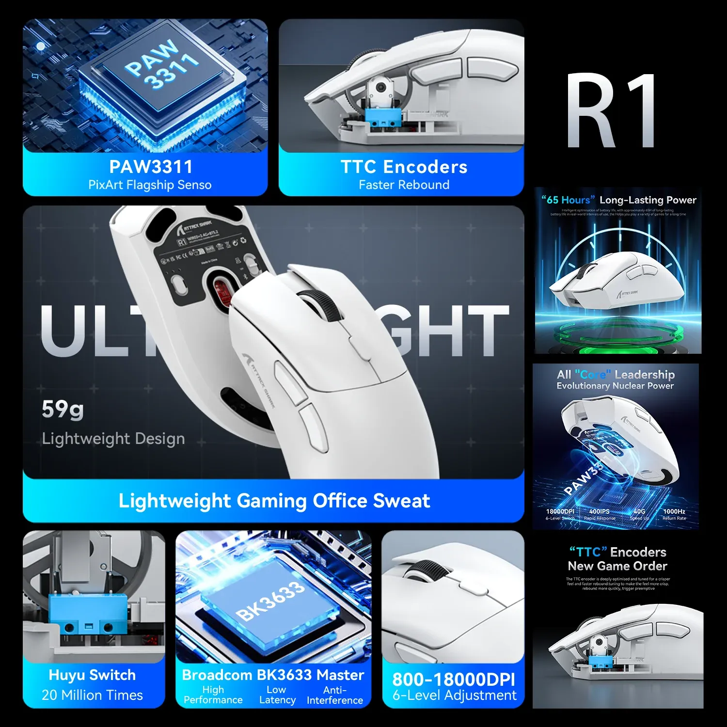 Attack Shark X11 X6 X3 R1 Souris Gaming Sans Fil, RGB, Ergonomique, Ultra-Légère, Tri-Mode, Macro, PAW3395/PAW3311, 26000 DPI 5