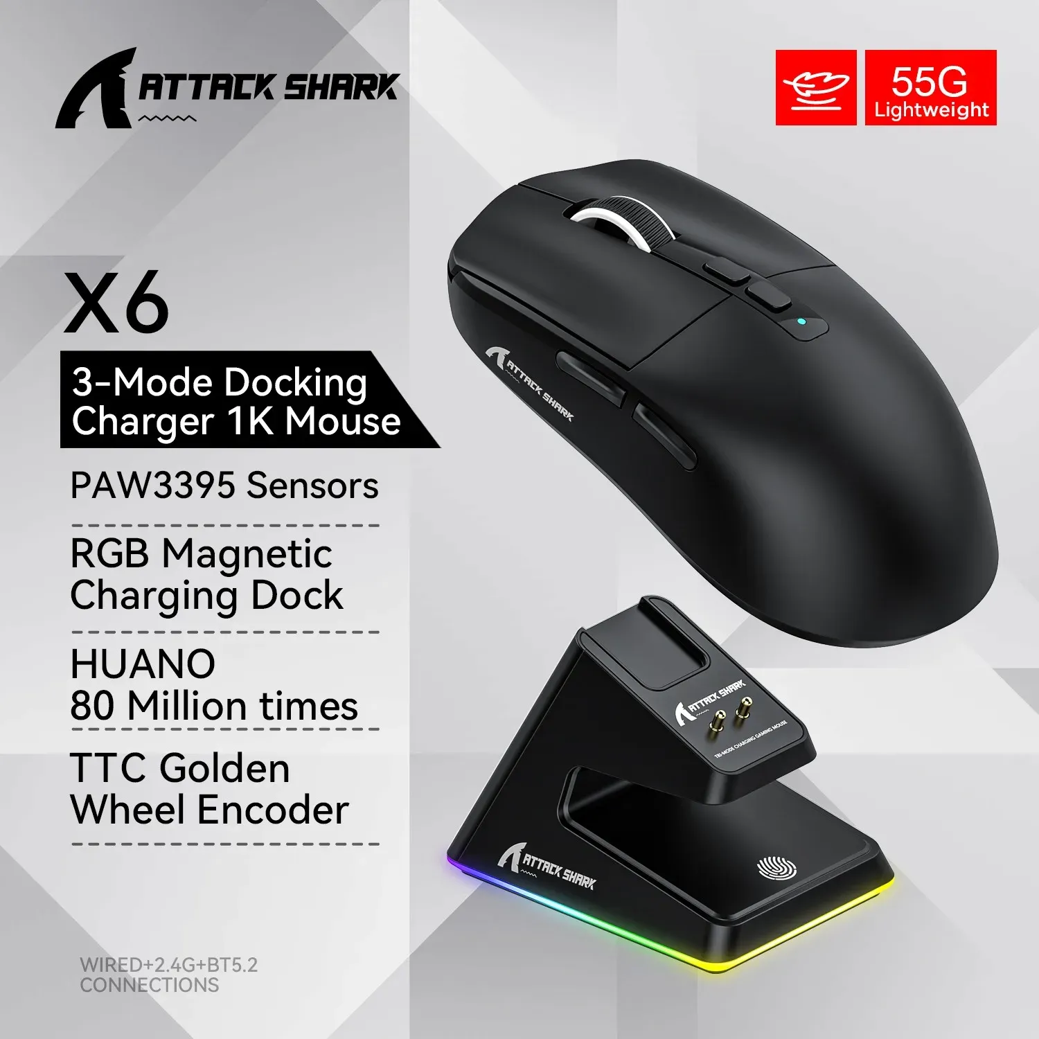 Attack Shark X11 X6 X3 R1 Souris Gaming Sans Fil, RGB, Ergonomique, Ultra-Légère, Tri-Mode, Macro, PAW3395/PAW3311, 26000 DPI 12