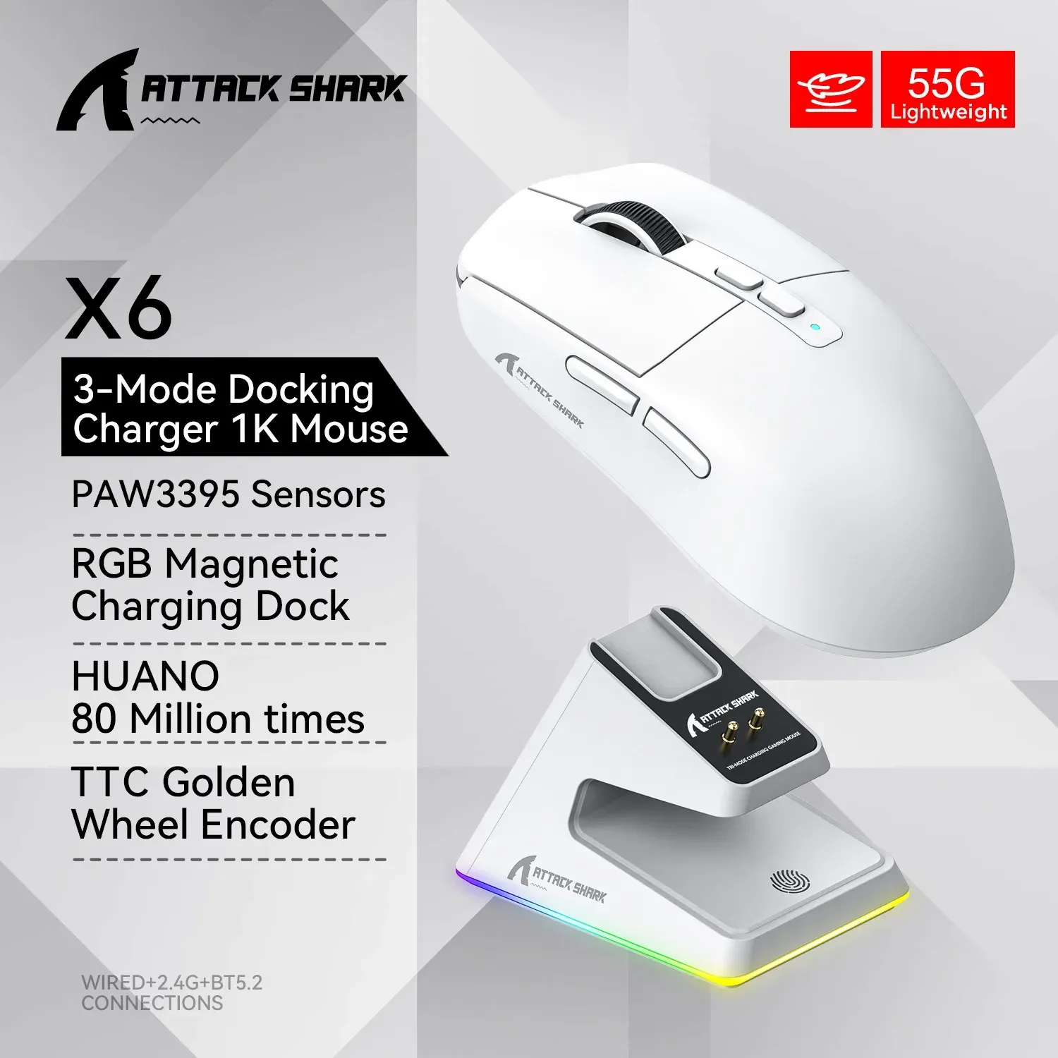 Attack Shark X11 X6 X3 R1 Souris Gaming Sans Fil, RGB, Ergonomique, Ultra-Légère, Tri-Mode, Macro, PAW3395/PAW3311, 26000 DPI 14