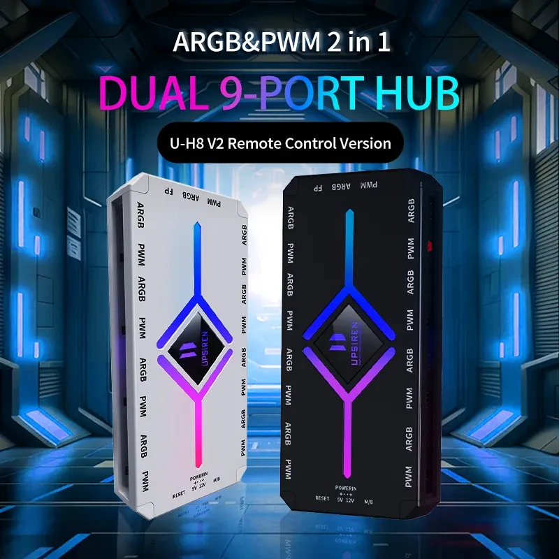 Hub UPSIREN U-H8 5V 3 broches ARGB et 4 broches PWM pour ventilateurs de boîtier d'ordinateur, éclairage d'ambiance synchronisé, conception magnétique, avec télécommande 2