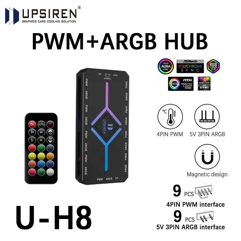 Hub UPSIREN U-H8 5V 3 broches ARGB et 4 broches PWM pour ventilateurs de boîtier d'ordinateur, éclairage d'ambiance synchronisé, conception magnétique, avec télécommande 1