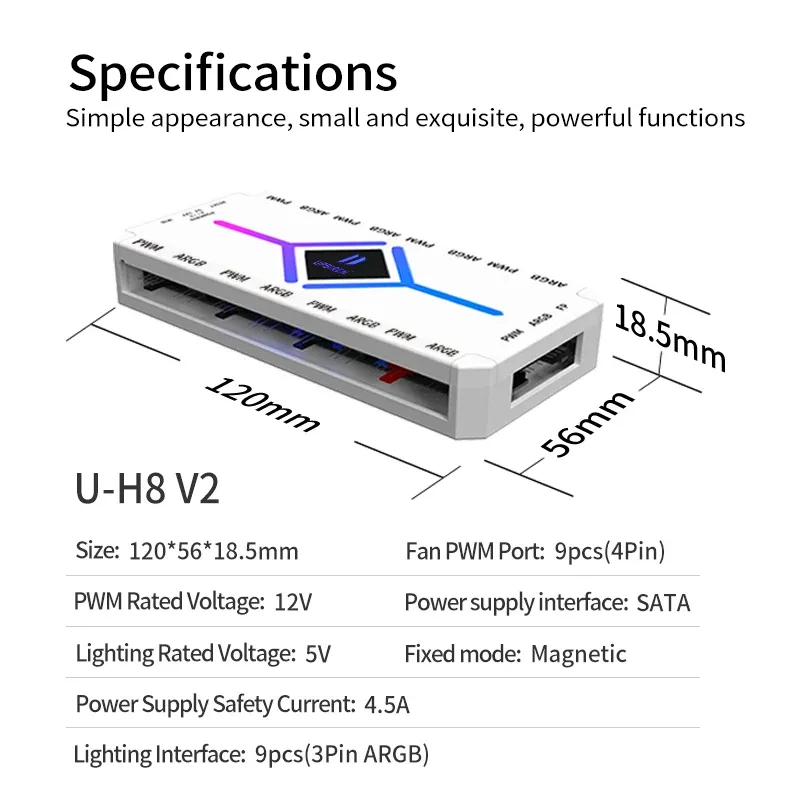 Hub UPSIREN U-H8 5V 3 broches ARGB et 4 broches PWM pour ventilateurs de boîtier d'ordinateur, éclairage d'ambiance synchronisé, conception magnétique, avec télécommande 5