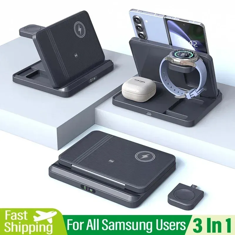 Support de charge sans fil 3 en 1 pour Samsung Z Fold8, Z Flip8, S26, S25, Galaxy Watch Ultra, Buds2, station de charge rapide pliable.