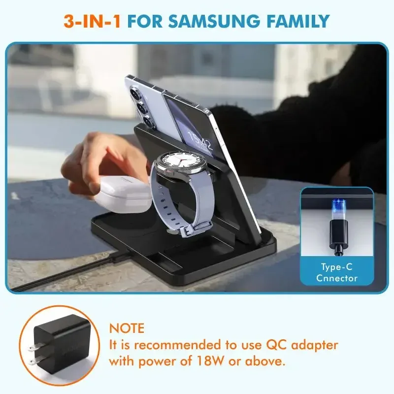 Support de charge sans fil 3 en 1 pour Samsung Z Fold8, Z Flip8, S26, S25, Galaxy Watch Ultra, Buds2, station de charge rapide pliable. 4