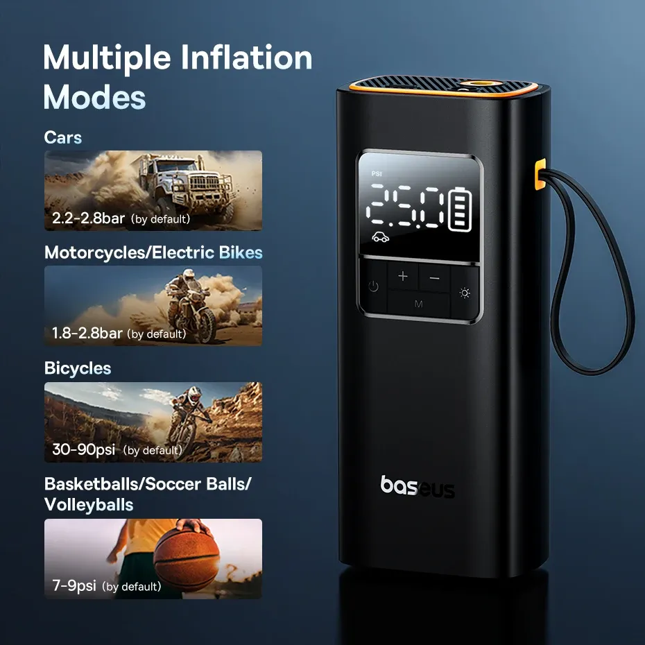 Baseus Compresseur d'air sans fil portable pour voiture, pompe électrique numérique intelligente pour véhicule, moto et vélo 6