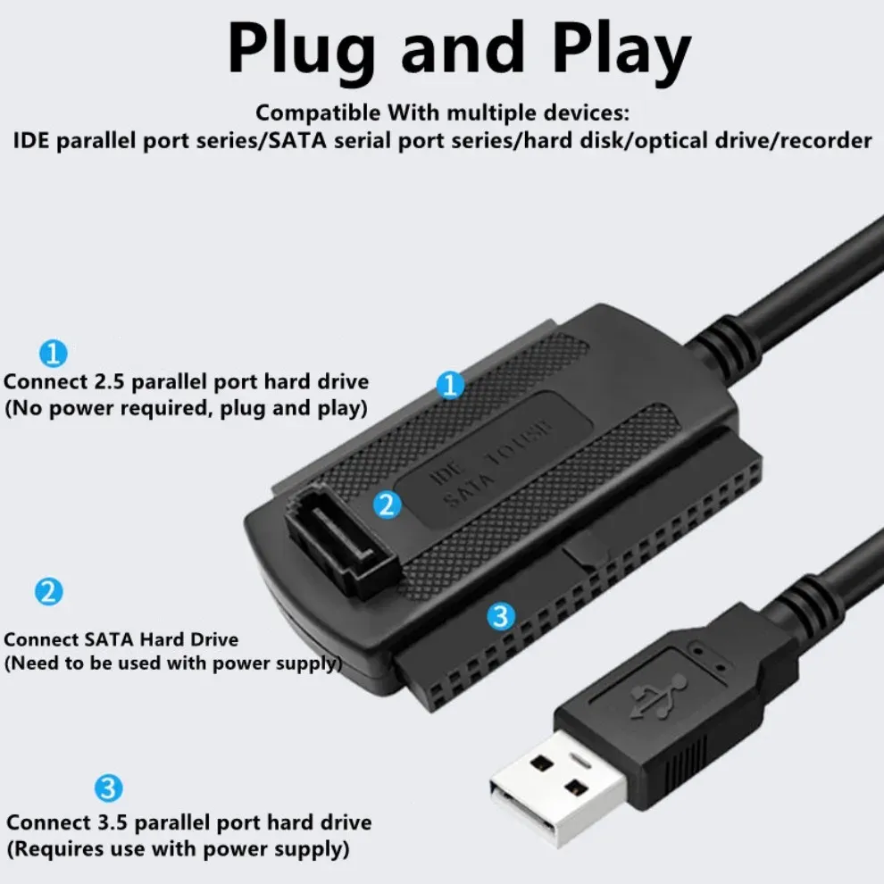 Câble adaptateur USB 3.0 vers IDE/SATA 3 en 1 avec alimentation secteur pour disque dur SSD et HDD 2,5 et 3,5 pouces, compatible Windows et Mac 3