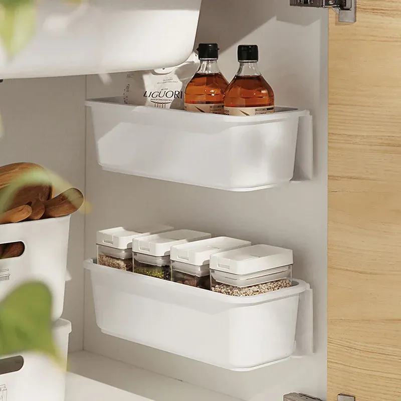 Organisateur mural pour table de maquillage avec boîte de rangement, étagère adhésive, crochet et support de rangement pour cuisine et salle de bain 2