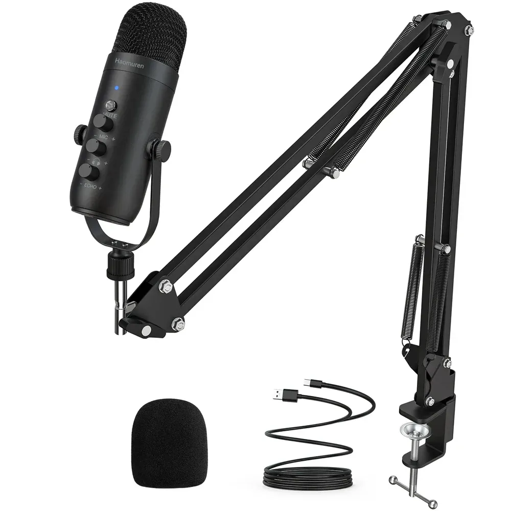 Kit microphone professionnel USB à condensateur cardioïde Haomuren avec bras articulé pour studio et podcast - Image 1