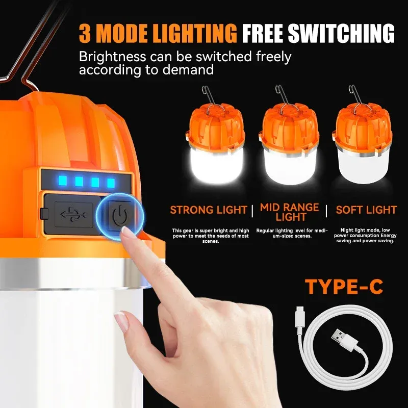 Lanterne de camping LED 500 W rechargeable par USB avec affichage de puissance, lampe portable et lumière de secours pour la pêche en plein air 3