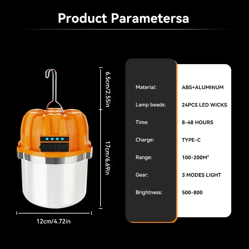 Lanterne de camping LED 500 W rechargeable par USB avec affichage de puissance, lampe portable et lumière de secours pour la pêche en plein air 2