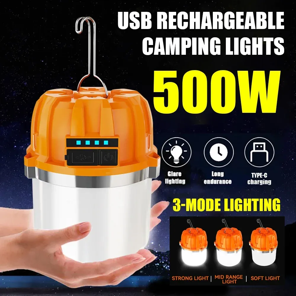 Lanterne de camping LED 500 W rechargeable par USB avec affichage de puissance, lampe portable et lumière de secours pour la pêche en plein air