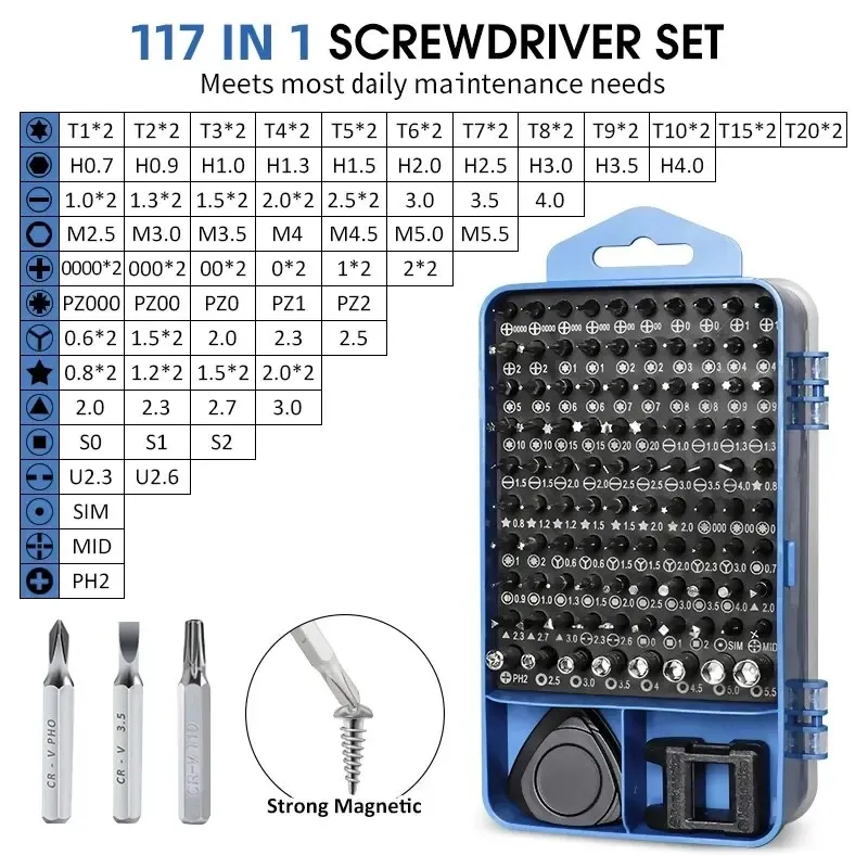 Jeu de tournevis de précision 115 en 1 à embouts hexagonaux et Torx magnétiques, kit de réparation pour smartphones, ordinateurs et montres 2