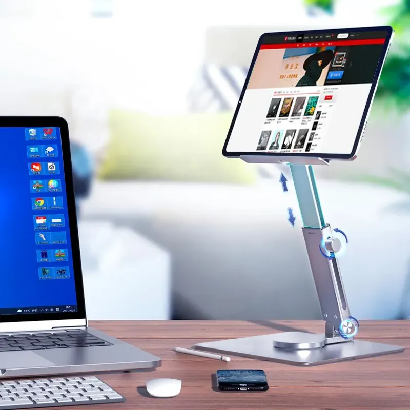 Support de tablette en aluminium pivotant à 360°, pliable et réglable pour iPad Pro, iPad Air, iPad mini, Xiaomi et tablettes de 4 à 14 pouces 4
