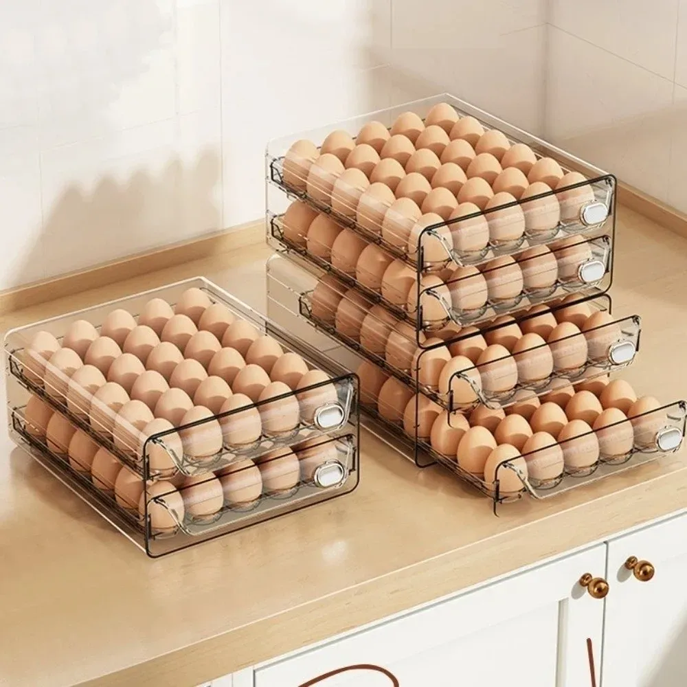 Boîte de rangement transparente pour œufs à double couche, en plastique transparent, grande capacité, avec échelle de temps 1
