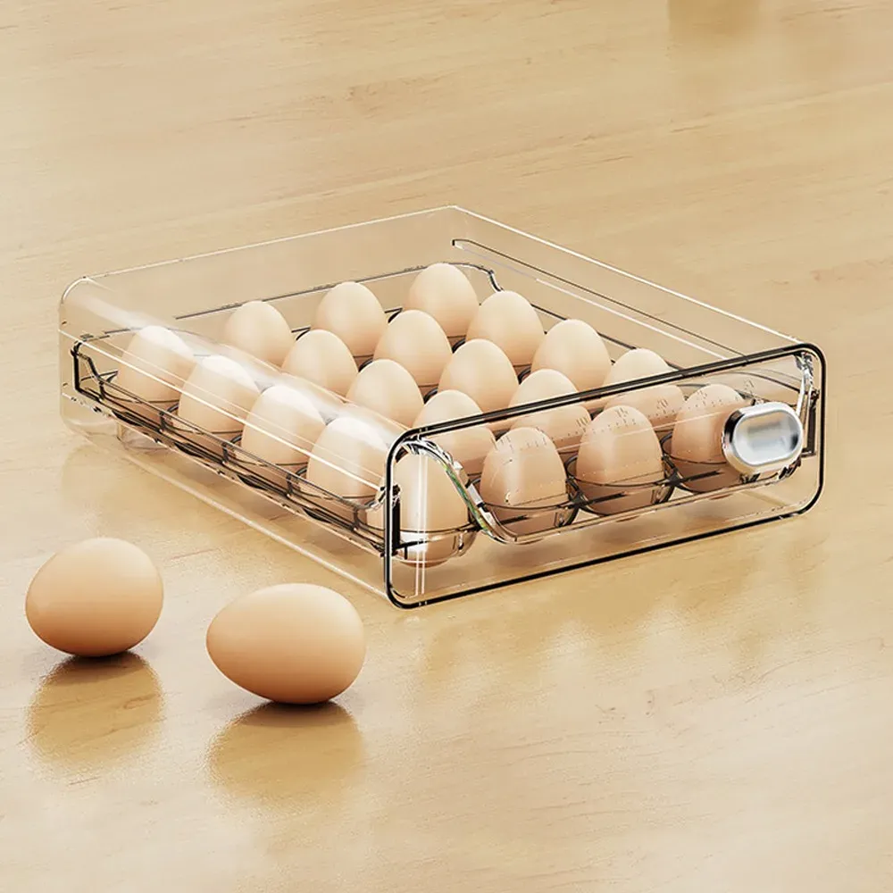 Boîte de rangement transparente pour œufs à double couche, en plastique transparent, grande capacité, avec échelle de temps 8