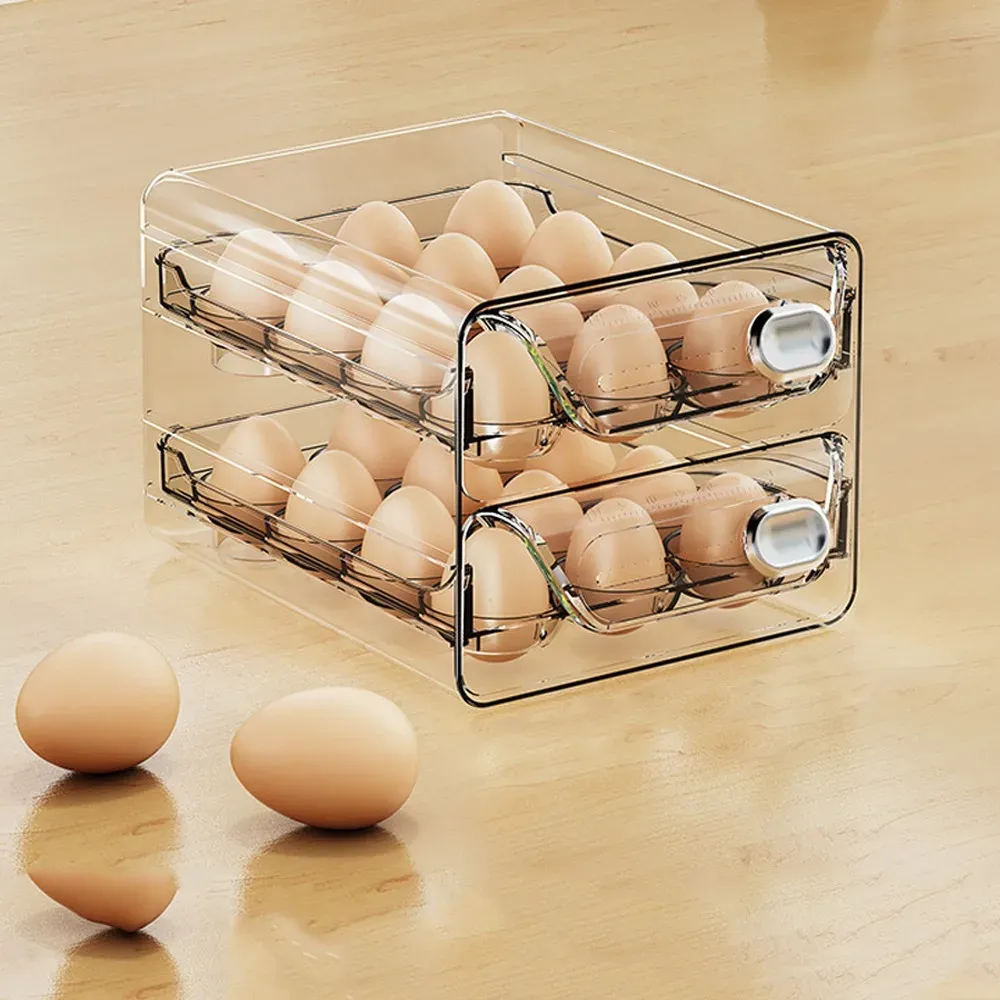 Boîte de rangement transparente pour œufs à double couche, en plastique transparent, grande capacité, avec échelle de temps 10