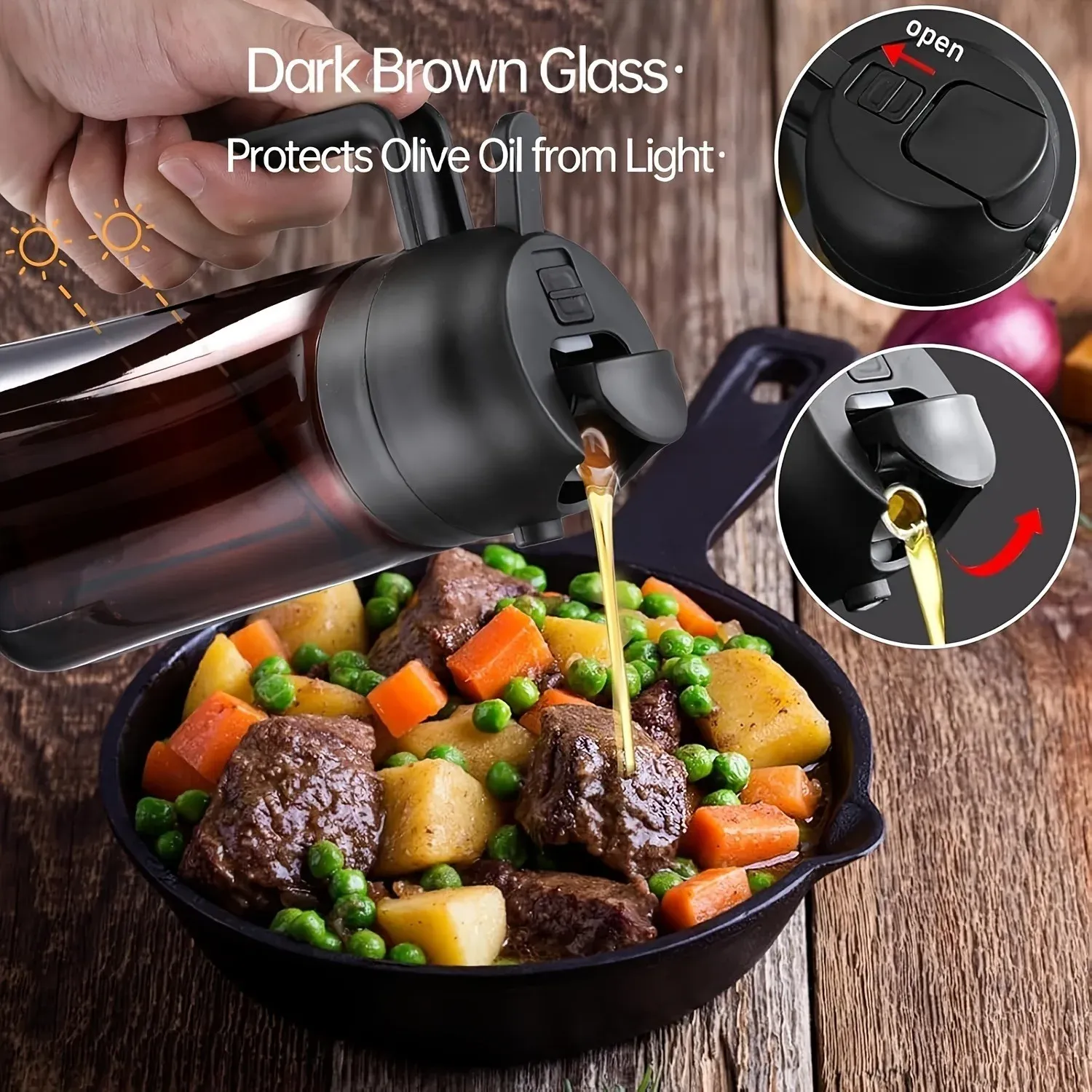 Pulvérisateur d'huile marron opaque 470 ml (16 oz) pour la cuisson, bouteille distributrice d'huile d'olive 2 en 1 5