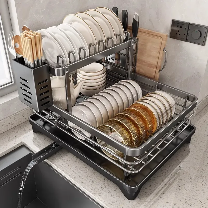 Égouttoir à vaisselle réglable en acier inoxydable avec range-assiettes pour évier - Image 1