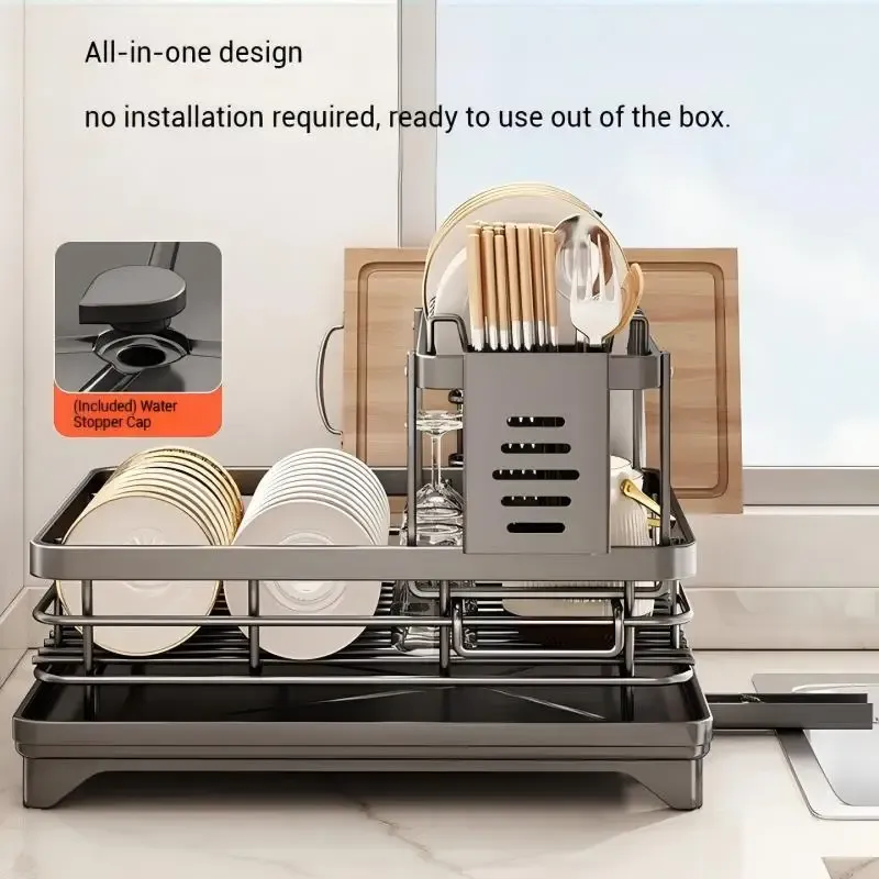 Égouttoir à vaisselle réglable en acier inoxydable avec range-assiettes pour évier 2