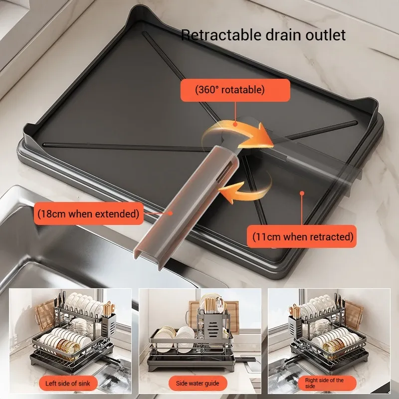 Égouttoir à vaisselle réglable en acier inoxydable avec range-assiettes pour évier 5
