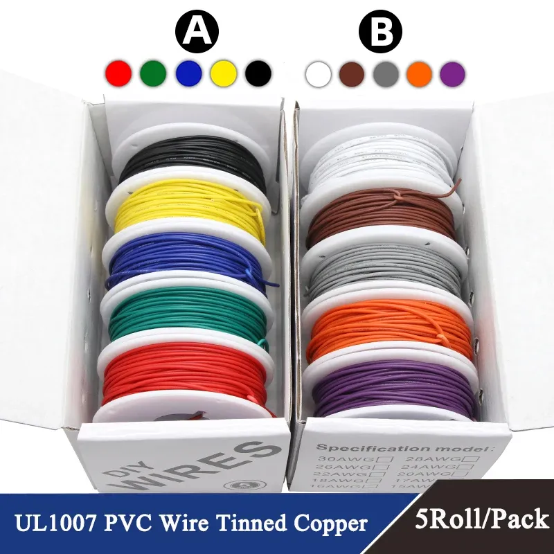 Fil UL1007 (kit de 5 couleurs) câble en cuivre étamé isolé PVC, 30 28 26 24 22 20 18 16 AWG, fil de câblage électrique toronné pour circuits imprimés