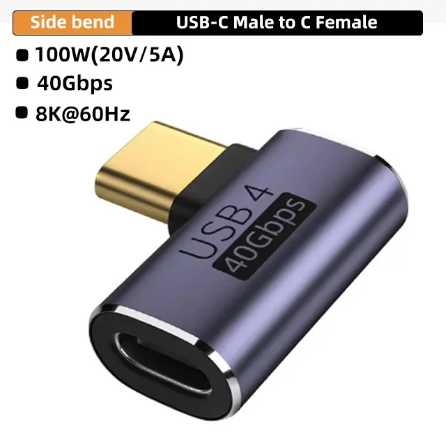 Adaptateur USB4.0 40 Gbps OTG Type C coudé à 90 degrés, 100 W 5 A, convertisseur de charge rapide USB-C vers USB-C, adaptateur de données USB-C pour MacBook 8K 60 Hz 13