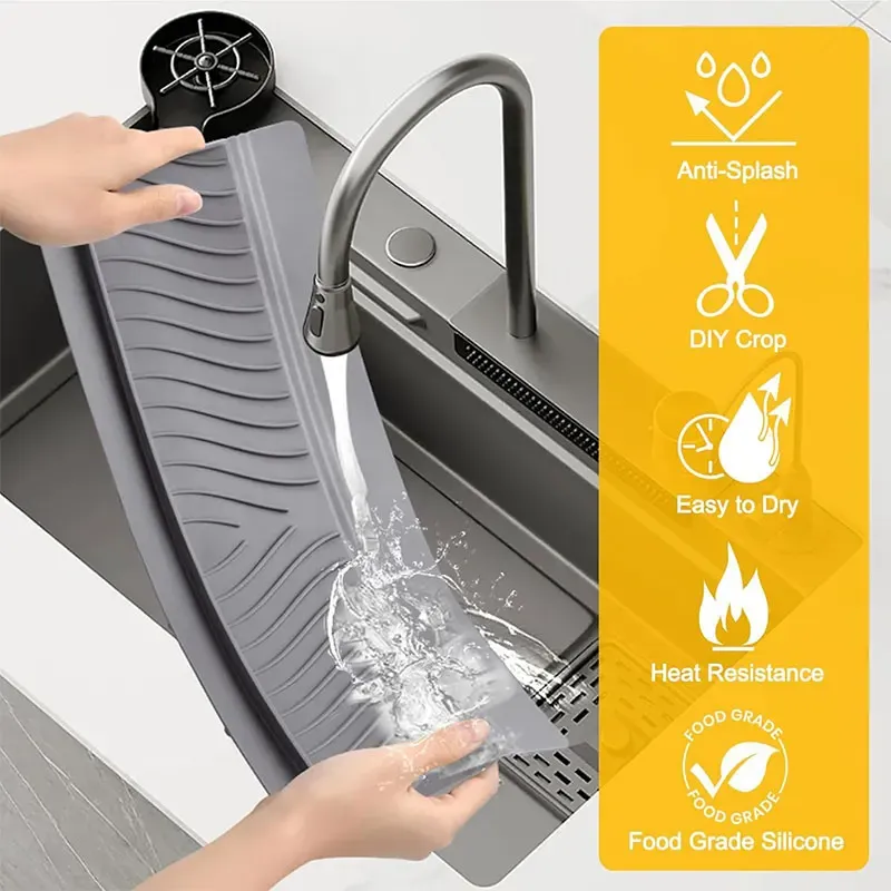 Protection anti-éclaboussures en silicone pour évier de cuisine, 20 pouces de long, avec ventouse, découpable et à séchage rapide 2
