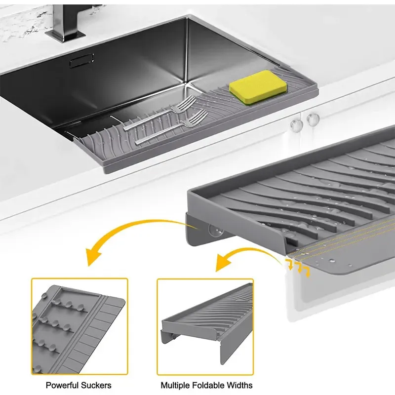Protection anti-éclaboussures en silicone pour évier de cuisine, 20 pouces de long, avec ventouse, découpable et à séchage rapide 3