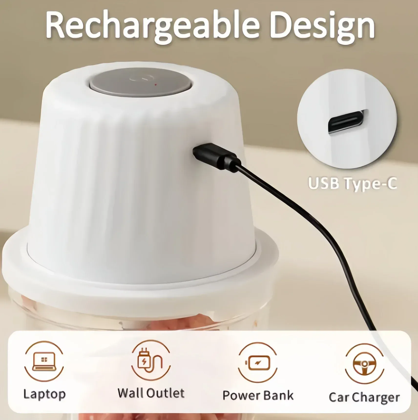 Hachoir électrique sans fil 400 ml à 6 lames, mini hachoir à ail et légumes portable USB 4