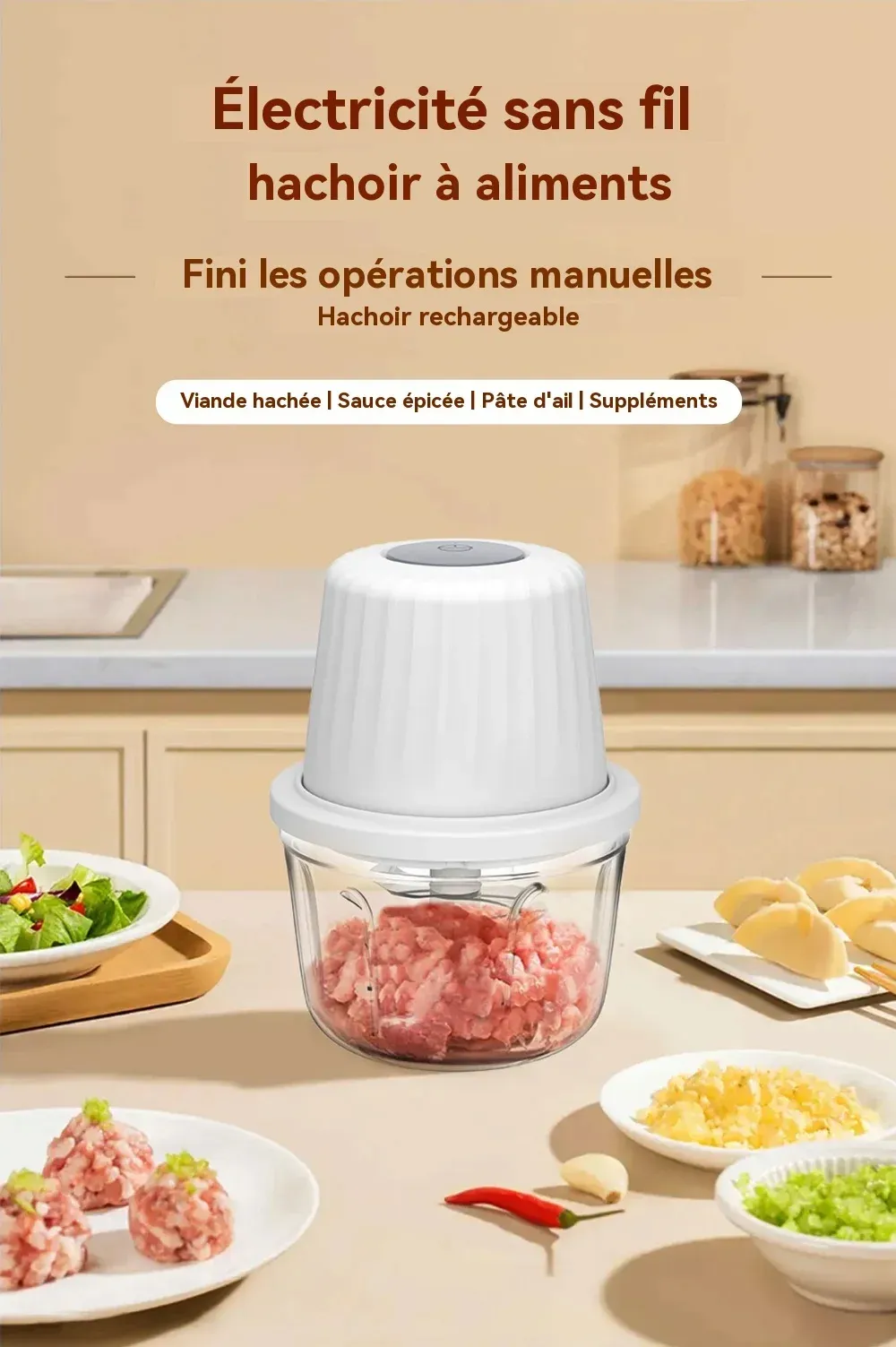 Hachoir électrique portable à 6 lames, vue d'ensemble