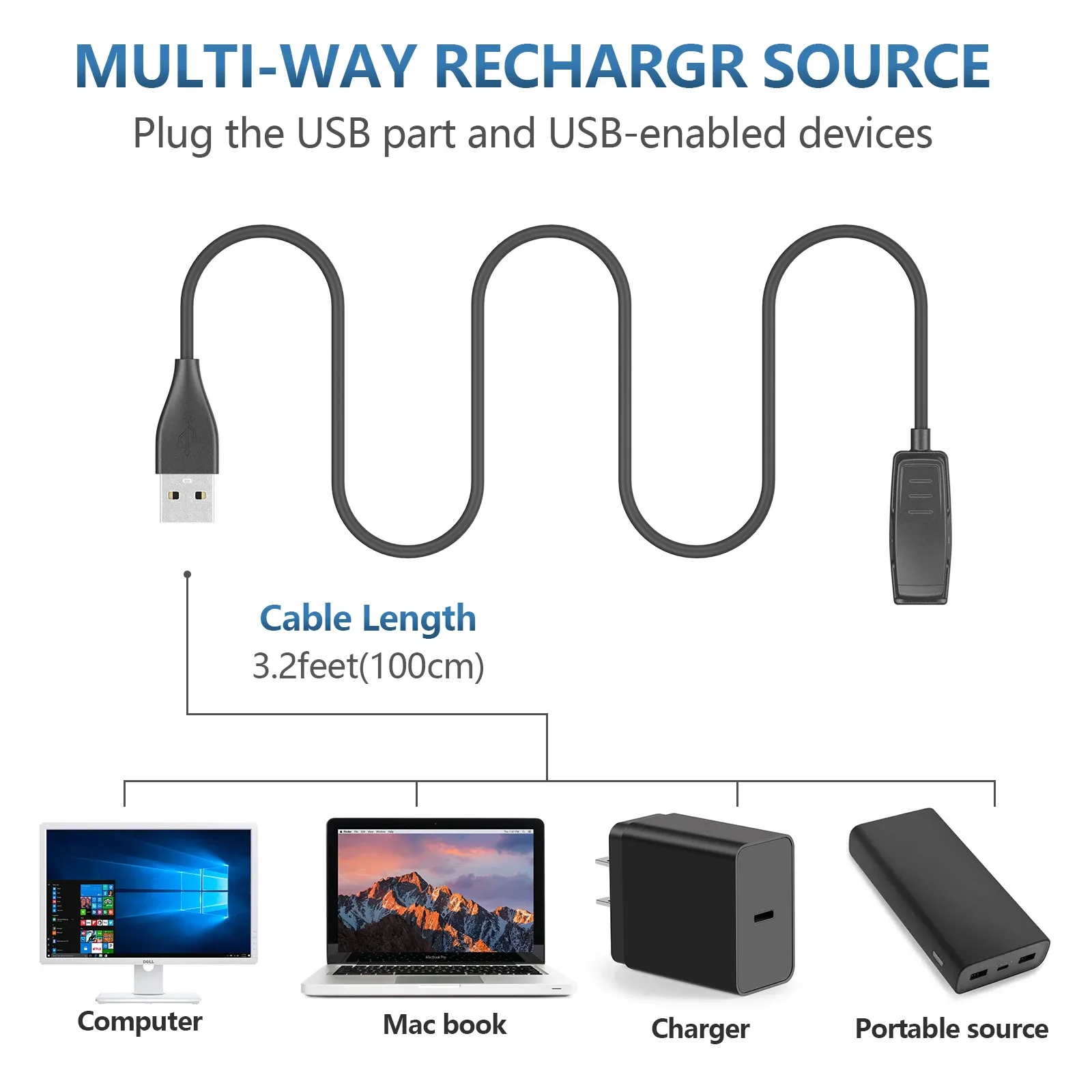 Câble de charge USB 100 cm pour Garmin Forerunner 35, 230, 235, 630, 735XT, 645, Approach G10 et S20, avec berceau à clip 3