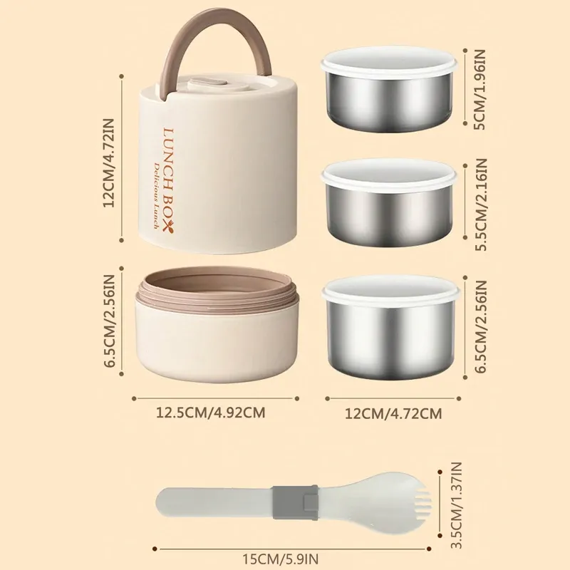 Ensemble de 4 boîtes-repas portables (47,5 onces), boîtes bento empilables en acier inoxydable 304 avec couverts 6